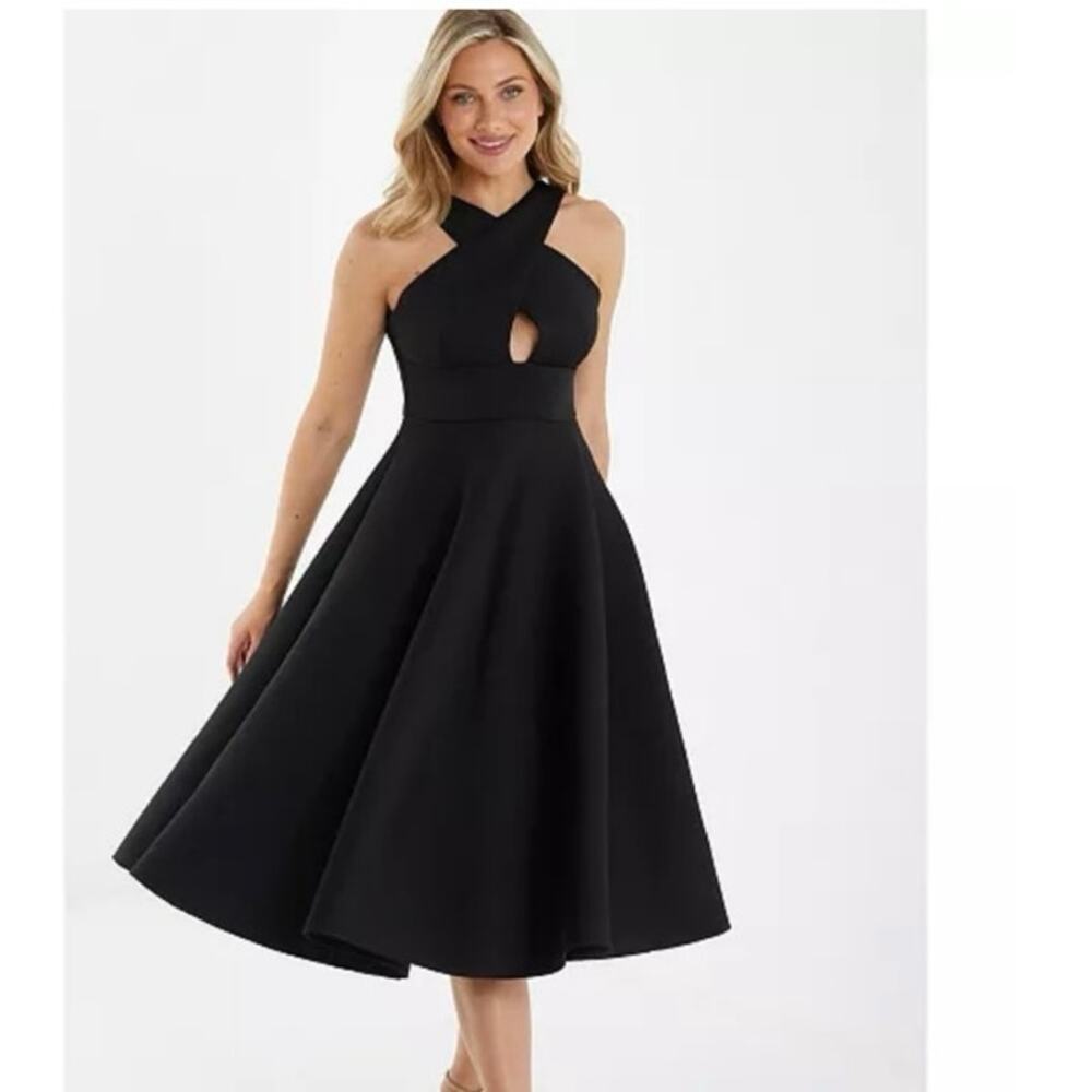 Quiz keyhole Dress- size 8- scuba material cross front full skirt stretch‎ black